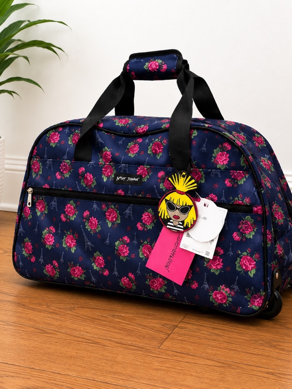 Betsey Johnson Paris Love Rolling Carry-On Duffle Bag Roses Eiffel Tower NWT